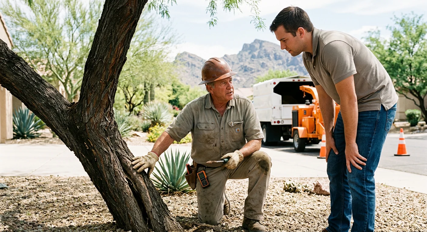 Homeowner reviewing finished trimming work with an arborist